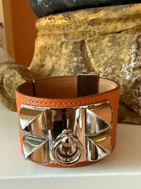 Hermes Orange Leather Cuff Bracelet with Silver Hardware